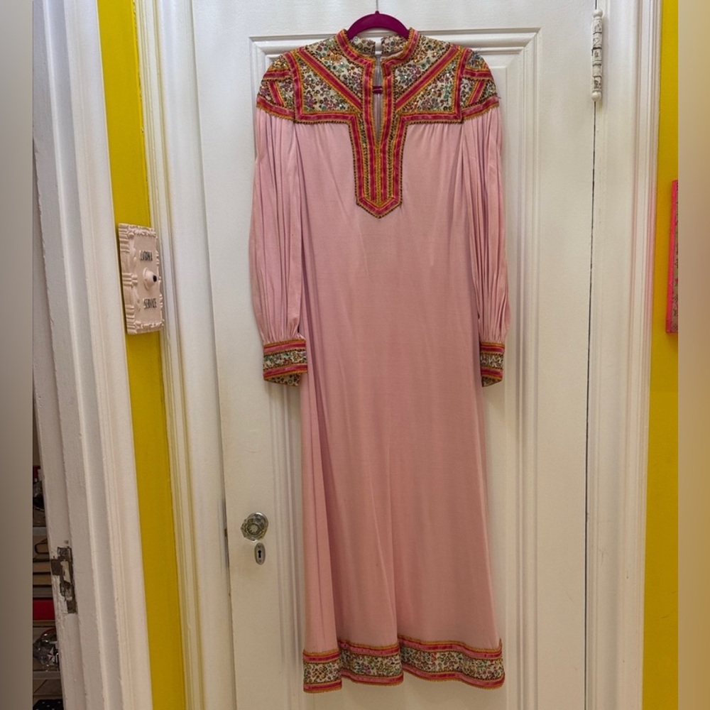 Vintage Malcolm Starr Embroidered Pink long dress with Colorful Accents
